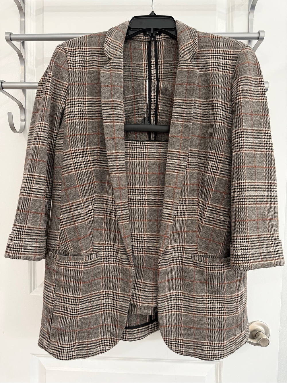 Express Plaid Open-Front Blazer & Skirt in Gray and Brown with Rust Accents